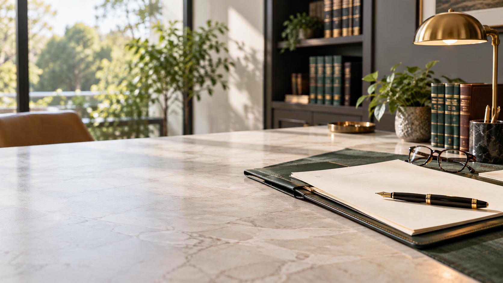 Documentos, caneta e livros em uma mesa de trabalho